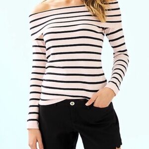 Lilly Pulitzer Off-Shoulder Small Clarette Sweater in Pink and Black Stripes